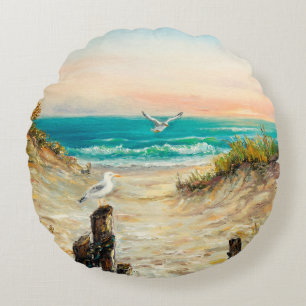 oil painting of ocean beach dunes with seagulls o round cushion
