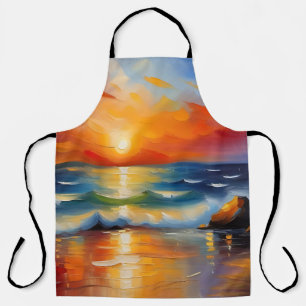 Oil Painting of orange sunset over the ocean Apron