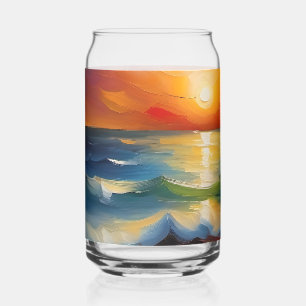 Oil Painting of orange sunset over the ocean Can Glass