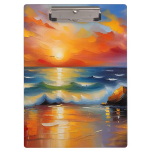 Oil Painting of orange sunset over the ocean Clipboard