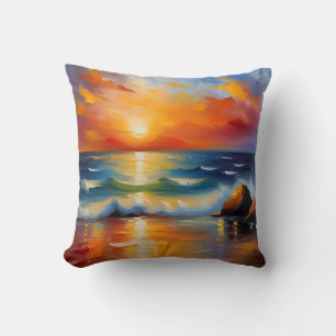 Oil Painting of orange sunset over the ocean Cushion
