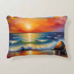 Oil Painting of orange sunset over the ocean Decorative Cushion