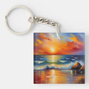 Oil Painting of orange sunset over the ocean Key Ring