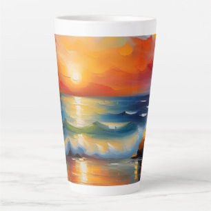 Oil Painting of orange sunset over the ocean Latte Mug