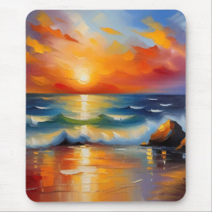 Oil Painting of orange sunset over the ocean Mouse Mat