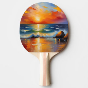 Oil Painting of orange sunset over the ocean Ping Pong Paddle