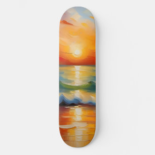 Oil Painting of orange sunset over the ocean Skateboard