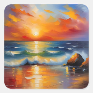 Oil Painting of orange sunset over the ocean Square Sticker