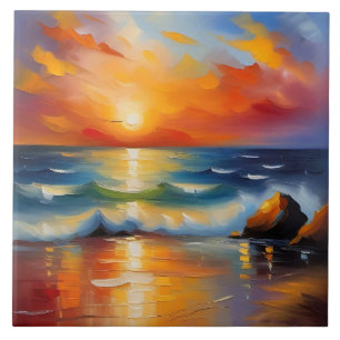 Oil Painting of orange sunset over the ocean Tile