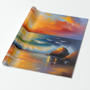 Oil Painting of orange sunset over the ocean Wrapping Paper