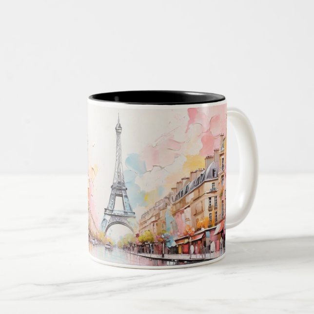 Oil painting of Paris and Eiffel Tower. Two-Tone Coffee Mug (Front Right)