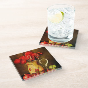 Oil Painting of Red Flowers and Fresh Fruits Glass Coaster