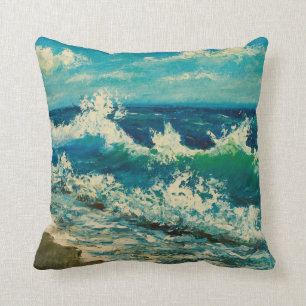  oil painting of sea beach, beautiful waves on can cushion