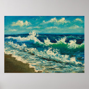 oil painting of sea beach, beautiful waves on can poster