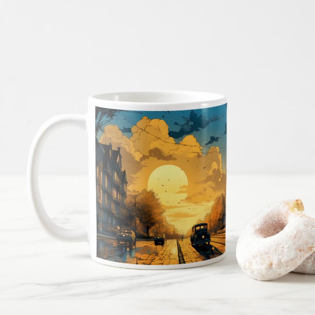 Oil painting Of The City And The Sun Coffee Mug (With Donut)