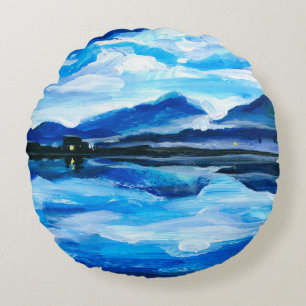 Oil Painting of the twilight on mountain lake. Al Round Cushion