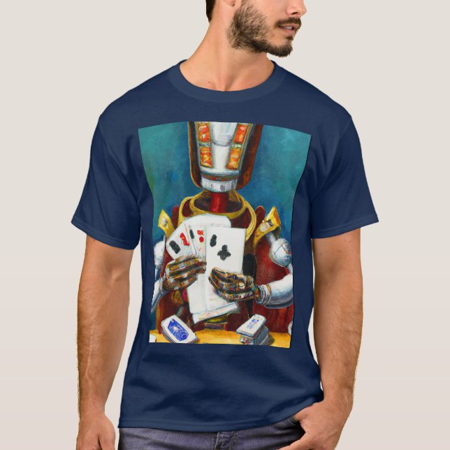 Oil Painting of Wired Robot Playing Cards T-Shirt (Front)