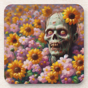 Oil Painting of Zombie in Flower Field Halloween Coaster