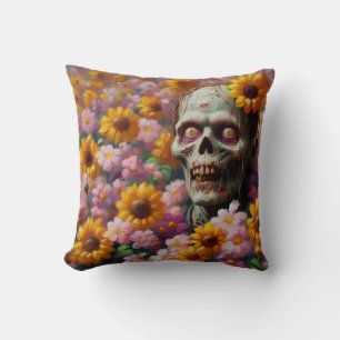 Oil Painting of Zombie in Flower Field Halloween Cushion