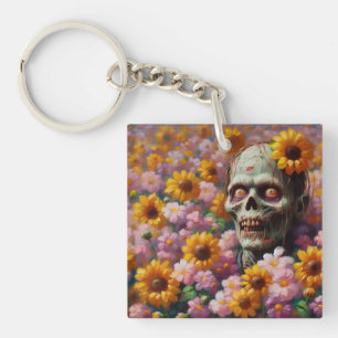 Oil Painting of Zombie in Flower Field Halloween Key Ring
