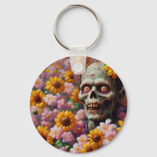 Oil Painting of Zombie in Flower Field Halloween Key Ring