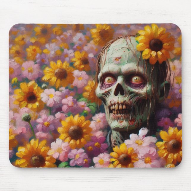 Oil Painting of Zombie in Flower Field Halloween Mouse Mat (Front)