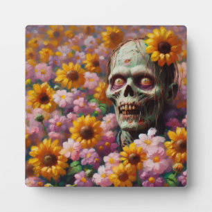 Oil Painting of Zombie in Flower Field Halloween Plaque