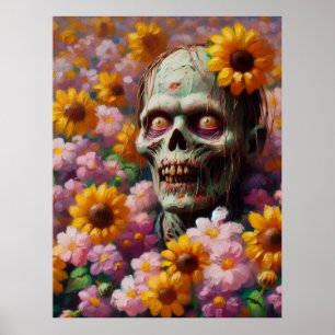 Oil Painting of Zombie in Flower Field Halloween Poster