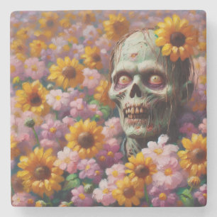 Oil Painting of Zombie in Flower Field Halloween Stone Coaster
