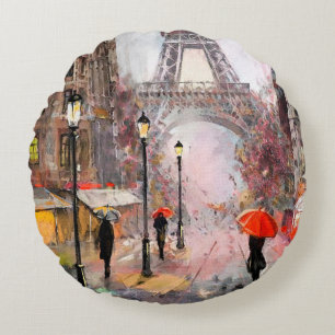 oil painting on canvas, street view of Paris. Artw Round Cushion