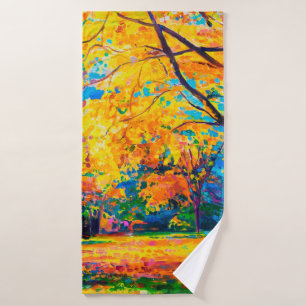  oil painting on canvas. Yellow trees. Modern art. Bath Towel