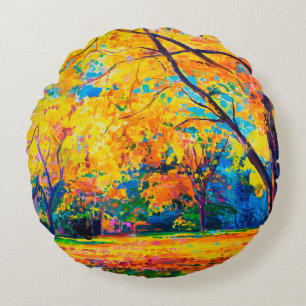 oil painting on canvas. Yellow trees. Modern art. Round Cushion