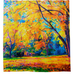 oil painting on canvas. Yellow trees. Modern art. Shower Curtain