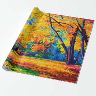 oil painting on canvas. Yellow trees. Modern art. Wrapping Paper