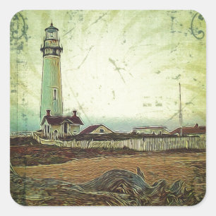 oil painting seashore nautical beach Lighthouse Square Sticker