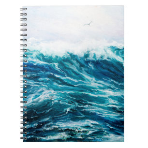  oil painting showing waves in ocean or sea on can notebook