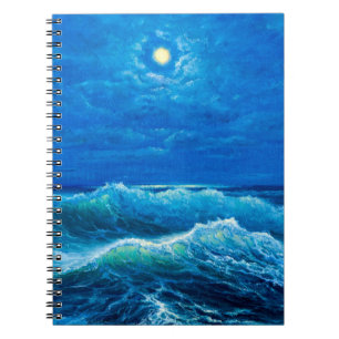  oil painting showing waves in ocean or sea on can notebook