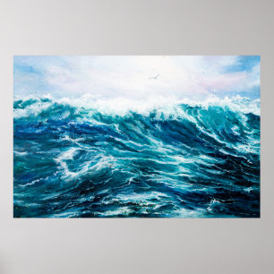 oil painting showing waves in ocean or sea on can poster