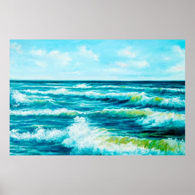  oil painting showing waves in ocean or sea on can poster (Front)