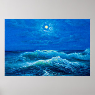 oil painting showing waves in ocean or sea on can poster