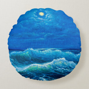 oil painting showing waves in ocean or sea on can round cushion