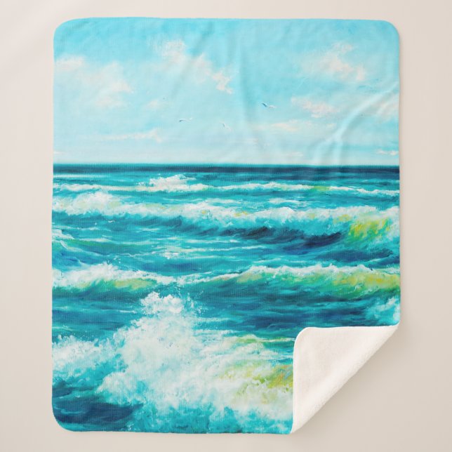  oil painting showing waves in ocean or sea on can sherpa blanket (Front)