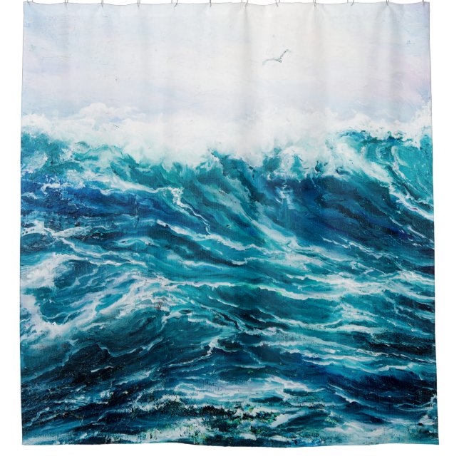  oil painting showing waves in ocean or sea on can shower curtain (Front)