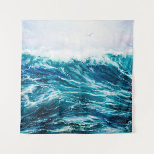 oil painting showing waves in ocean or sea on can tapestry