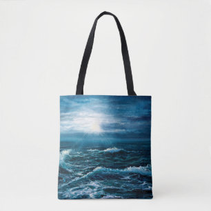 oil painting showing waves in ocean or sea on can tote bag