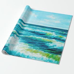 oil painting showing waves in ocean or sea on can wrapping paper