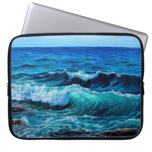 Oil painting showing waves in ocean or sea on canv laptop sleeve