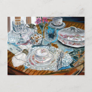 oil painting still life china tea set dinnerware postcard