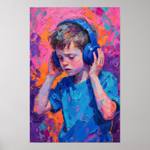 Oil painting style autistic child boy wearing blue poster