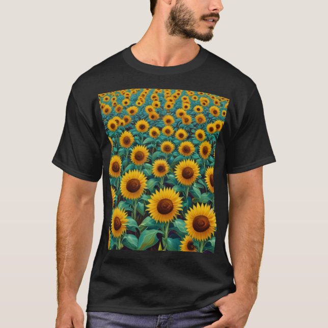 Oil Painting. Sunflower field. Modern art T-Shirt (Front)